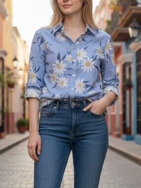 Like New! Foxcroft NYC Button Up Camomile Print Cotton Shirt Blouses